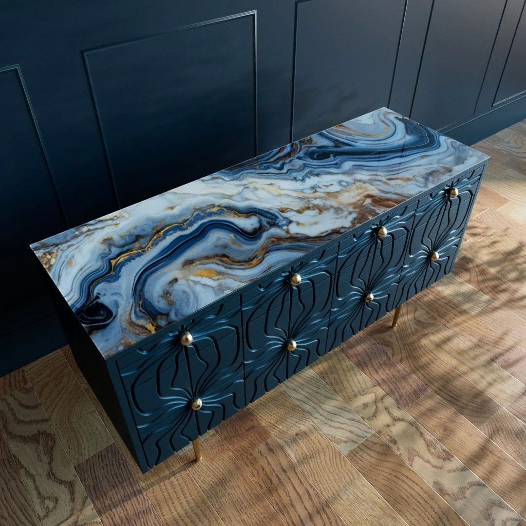 Dark-Blue sideboard with a marbled glass top