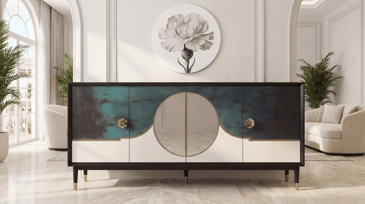 La Clavelina sideboard with a central circle and patinated facade