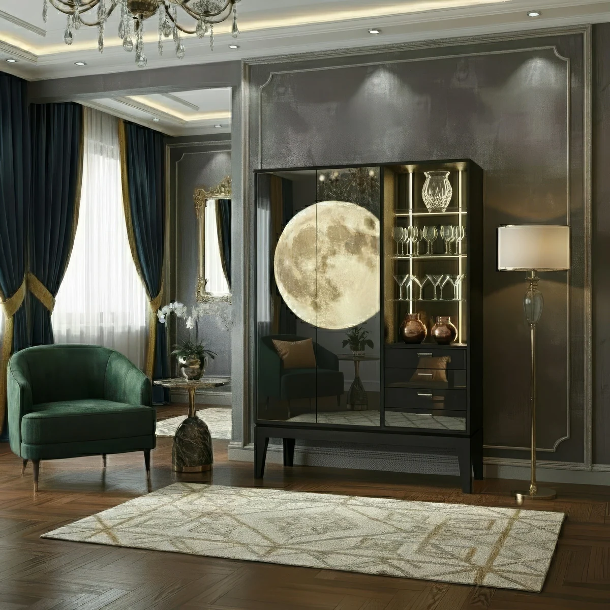 Moon buffet bar cabinet in a green interior