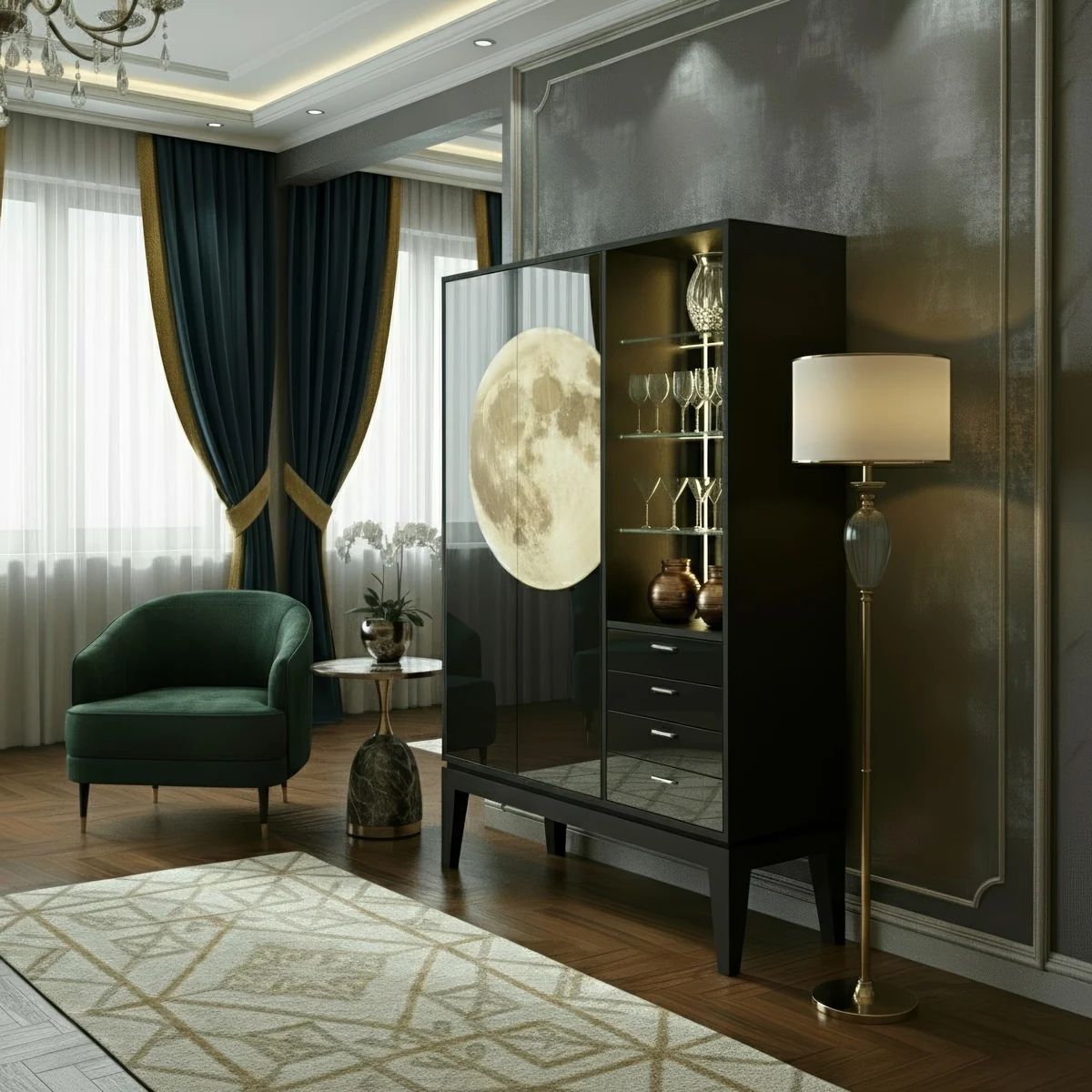 Side view of the Moon buffet cabinet