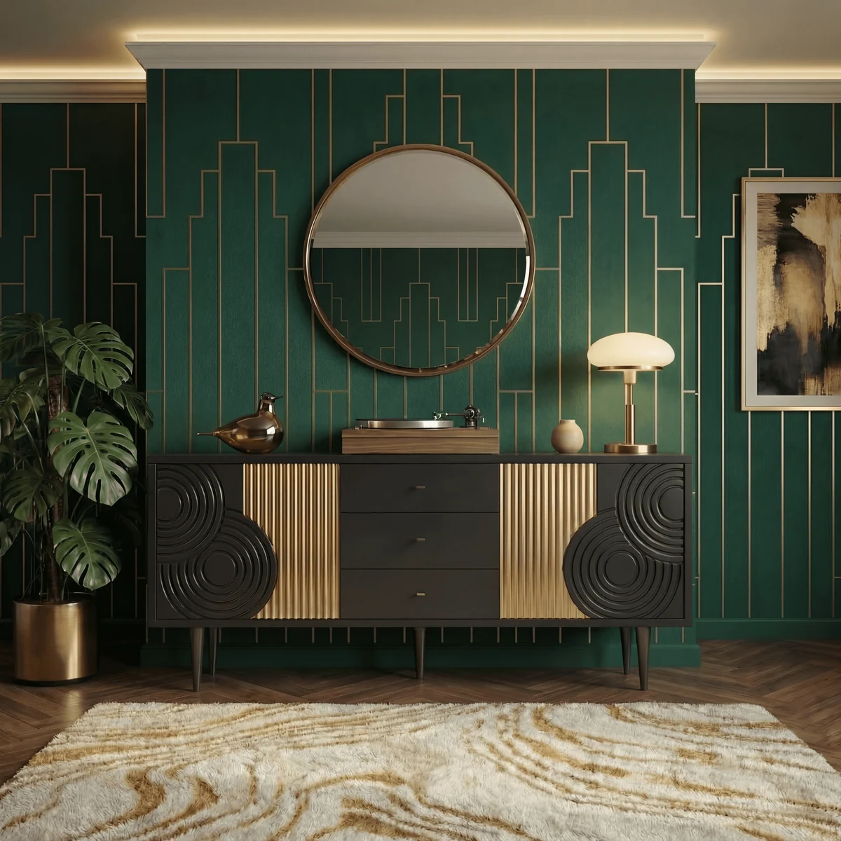 Ruyi sideboard with circular relief in a green interior