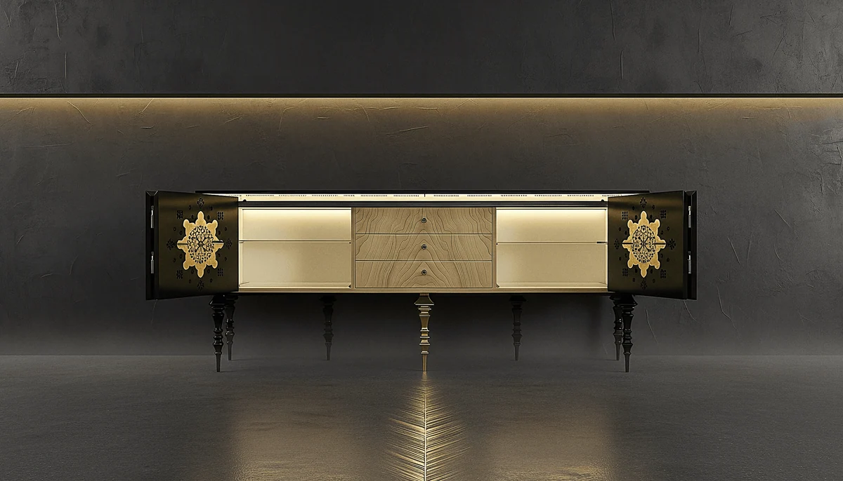 Sherwood cabinet with ornamental brass details against a dark background
